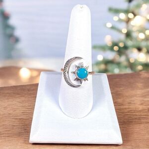 Moon & Star Sleeping Beauty Turquoise Ring .925 Solid Sterling Silver Size 8.5